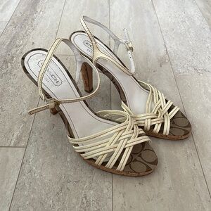 Coach Stephany Signature Logo Strappy Cork Stiletto Heels Cream 9.5